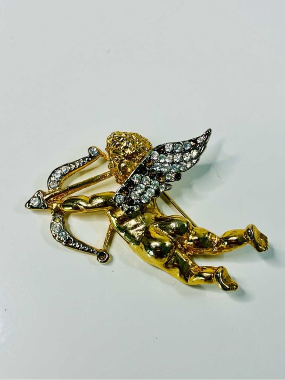 Distressed Gold-Tone Cupid Brooch with Clear Rhinestones Classic Valentine READ